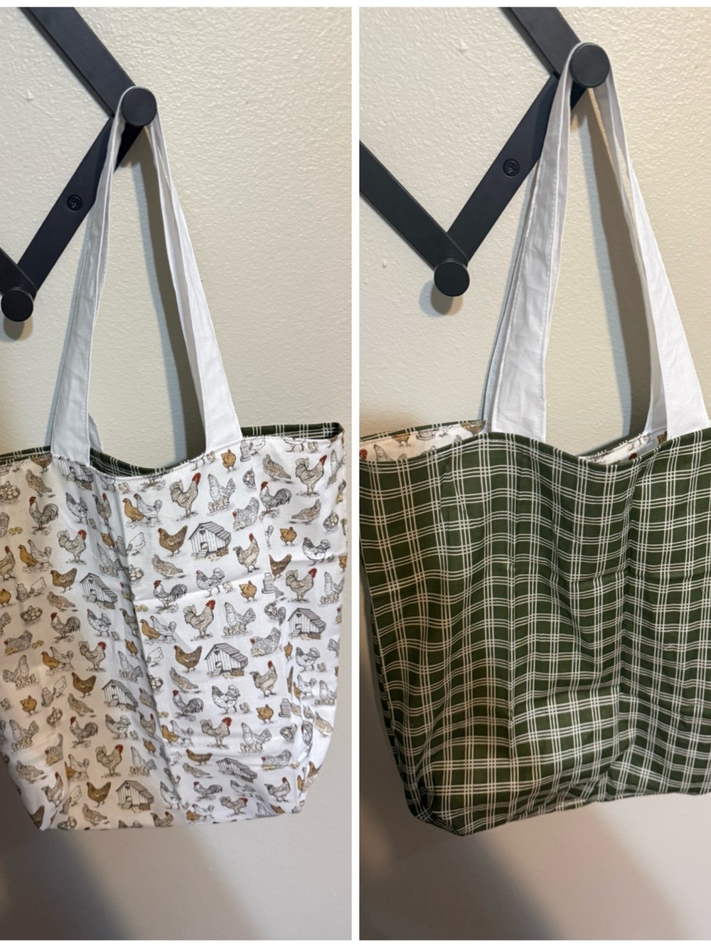 Handmade Reversible Tote Bag - Chicken Print & Green Plaid